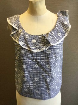 N/L, Navy Blue, White, Cotton, Check , Floral, Navy/white Check with White Floral Stripe Embroidery, Sleeveless, Scoop Neck with Ruffle, Ruffle with White Edge