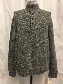 GRAYERS, Heather Gray, Wool, Polyester, Pullover, Ribbed Mock Turtleneck with 5 Button Placket, Long Sleeves, Ribbed Knit Cuff/Waistband,