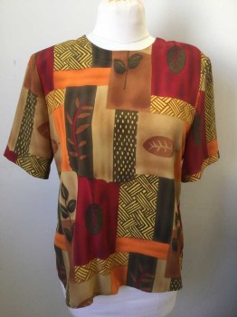 Womens, Blouse, KATHY IKE, Multi-color, Orange, Brown, Maroon Red, Yellow, Polyester, Geometric, M, Abstract Rectangles "Patchwork" with Assorted Leaves Pattern, Short Sleeves, Scoop Neck, Shoulder Pads, 2 Button Closure at Center Back Neck