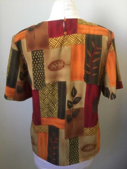 Womens, Blouse, KATHY IKE, Multi-color, Orange, Brown, Maroon Red, Yellow, Polyester, Geometric, M, Abstract Rectangles "Patchwork" with Assorted Leaves Pattern, Short Sleeves, Scoop Neck, Shoulder Pads, 2 Button Closure at Center Back Neck