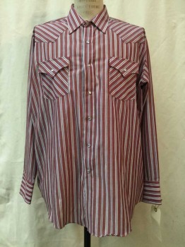 Mens, Western, ELY CATTLEMAN, Red Burgundy, Baby Pink, Navy Blue, Polyester, Cotton, Stripes, XL, Burgundy/ Baby Pink/ Navy Stripes, Snap Front, Collar Attached, Long Sleeves, 2 Flap Pockets