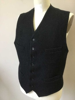 M.T.O., Black, Blue, Wool, Cotton, Speckled, Middle Class, Wool Vest, 7 Button Single Breasted, 4 Welt Pockets. Self Satin Stripe Cotton Lining and Back with Adjustable Back Waist. Thread Bare at Right Front Chest,