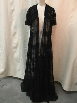 Womens, SPA Robe, NO LABEL, Black, Synthetic, Solid, OS, Accordion Pleated Sheer Black Net with Sparkly Textured Stripes, Black Lace Capelet, Sleeveless