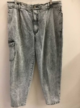 Mens, Jeans, STREET WISE, Gray, Dk Gray, Cotton, Acid Wash, Ins:30, W:38, Denim, Mostly Light Gray with Patches/Splotches of Dark Gray and Charcoal, Pleated Waist, Zip Fly, 5 Pockets Including 1 Cargo Pocket at Side Hip, Tapered Leg,