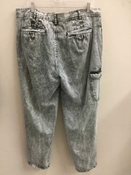 Mens, Jeans, STREET WISE, Gray, Dk Gray, Cotton, Acid Wash, Ins:30, W:38, Denim, Mostly Light Gray with Patches/Splotches of Dark Gray and Charcoal, Pleated Waist, Zip Fly, 5 Pockets Including 1 Cargo Pocket at Side Hip, Tapered Leg,