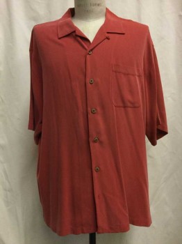 TOMMY BAHAMA, Red-Orange, Silk, Solid, Red Orange, Button Front, Open Collar Attached, 1 Pocket, Short Sleeves, Doubles,