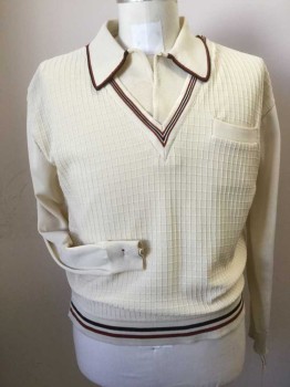 Mens, Sweater, CORONET CASUALS, Cream, Rust Orange, Espresso Brown, Polyester, Grid , Stripes, L, Pullover, Long Sleeves, Attached Polo Dickie, Striped Trim