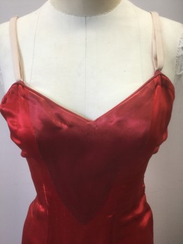 Womens, 1930s Vintage, Piece 2, N/L, Red, Silk, Solid, W24, B32, H34, Slip/Underlayer, Satin, Horizontal Tulle Ruffles at Hem, Tan Detachable Bra Straps Slightly Darker Red V Shape Panel at Center Front, Zipper at Center Back, Made To Order Reproduction