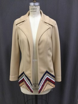 Womens, 1970s Vintage, Suit, Jacket, RIGHT ON, Tan Brown, Navy Blue, Red Burgundy, Gray, White, Polyester, Solid, Stripes, 28 W, 36 , Tan with Navy Top Stitching Blazer with Stripes of Different Colored Ribbon in Chevron Pattern at Front at the Hem, Collar Attached, Peaked Notched Lapel, Center Front Opening, No Closures, No Pockets.