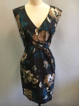 Womens, Dress, Sleeveless, LAUNDRY BY SHELLI SE, Black, Tan Brown, Navy Blue, Cream, Camel Brown, Polyester, Floral, 4, Black with Tan, Navy, Cream and Camel Floral Pattern, Sleeveless, V-neck, Vertical Pleats at Center Front Waist, Hem Above Knee, Invisible Zipper at Side