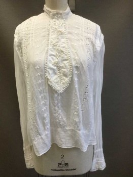 MTO, White, Cotton, Long Sleeves, Button Closures in Back, High Neck/Stand Collar with Pin Tucks, Vertical Panel Hanging From Neck with Lace Edge, Eyelet Vertical Stripes with Geometric Embroidery, Cutouts, Open Lacework, Made To Order