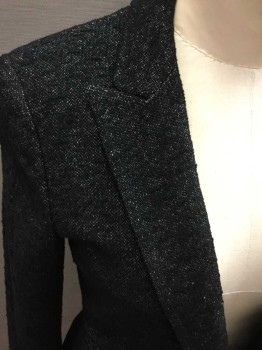 THEORY, Black, White, Tweed, Single Breasted, Collar Attached,  Peaked Lapel, 1 Button, 2 Pockets, Textured