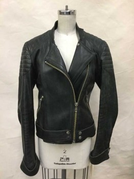 NO LABEL, Black, Leather, Long Sleeves, Moto Style, Zipper At Cuffs, Zip Pockets, Quilted At Shoulders