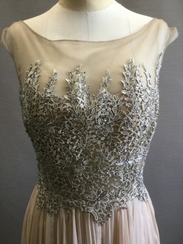 MUSCANI, Beige, Taupe, Pewter Gray, Silk, Synthetic, Floral, Solid, Taupe Lace Bodice Encrusted in Pewter Rhinestones with Pale Taupe Mesh Net Shoulder Straps. Beige Knife Pleated Silk Skirt, Open Back Bodice. Skirt with Zipper Center Back,
