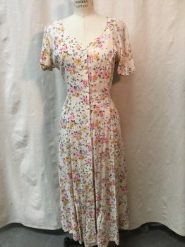 NO LABEL, Eggshell White, Tan Brown, Pink, Green, Purple, Cotton, Floral, Button Front, V-neck, Short Sleeves, Shoulder Pads