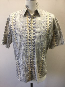 PIERRE CARDIN, Cream, Gray, Brown, Cotton, Funky Zig Zags, Spirals, Rectangles, Etc Pattern, Short Sleeve Button Front, Collar Attached, 1 Patch Pocket,