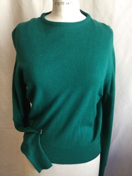Womens, Sweater, BARBARA ;LEE JR, Green, Cashmere, Solid, S, Flat Knit, Ribbed Crew Neck, Long Sleeves Cuffs & Hem
