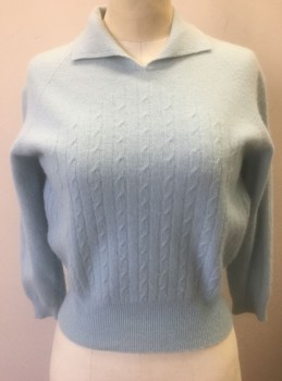 Womens, Sweater, FUR BLEND, Powder Blue, Wool, Angora, Solid, Cable Knit, B:36, 3/4 Raglan Sleeves, Pullover, Collar Attached, Fitted,