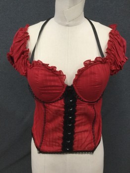 Womens, Top, LIP SERVICE, Red, Black, Cotton, Solid, M, Faux Corset Top, Red Self Stripe, Faux Hook & Eyes Front with Black Lace, Bra Cups with Ruffle trim, Black Lace Trim, Elastic Ruffle Off Shoulder Sleeves, Zip Back, Black Ribbon Ties