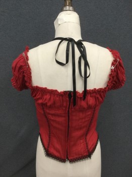 Womens, Top, LIP SERVICE, Red, Black, Cotton, Solid, M, Faux Corset Top, Red Self Stripe, Faux Hook & Eyes Front with Black Lace, Bra Cups with Ruffle trim, Black Lace Trim, Elastic Ruffle Off Shoulder Sleeves, Zip Back, Black Ribbon Ties