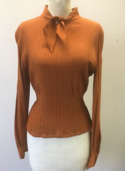 Womens, Blouse, N/L MTO, Rust Orange, Silk, Solid, W:32, B:38, Crepe, Long Sleeves, Tiny Vertical Pin Tucks Across Front, Self "Pussy Bow" Ties at Stand Collar, Self Fabric Covered Buttons at Center Back, 1930's Made To Order Reproduction, Has a Double (FC037199)