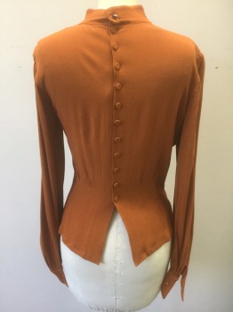 Womens, Blouse, N/L MTO, Rust Orange, Silk, Solid, W:32, B:38, Crepe, Long Sleeves, Tiny Vertical Pin Tucks Across Front, Self "Pussy Bow" Ties at Stand Collar, Self Fabric Covered Buttons at Center Back, 1930's Made To Order Reproduction, Has a Double (FC037199)