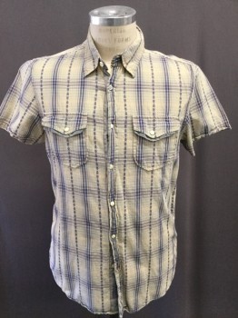 Mens, Western, GUESS, Khaki Brown, Navy Blue, Orange, Cotton, Plaid, S, Collar Attached, Snap Front, Short Sleeves, Flap Pockets