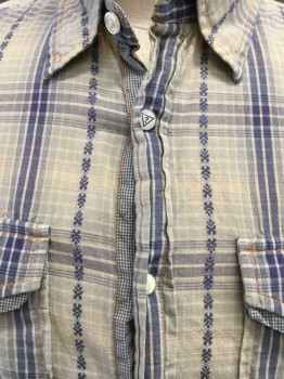 Mens, Western, GUESS, Khaki Brown, Navy Blue, Orange, Cotton, Plaid, S, Collar Attached, Snap Front, Short Sleeves, Flap Pockets