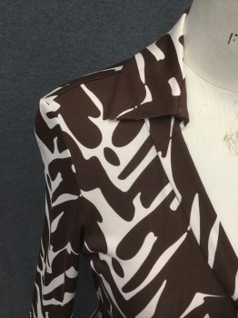 DVF, Brown, White, Silk, Abstract , Wrap Dress, 3/4 Sleeve, Collar Attached, Self Attached Belt, 1 Snap Front, Knee Length