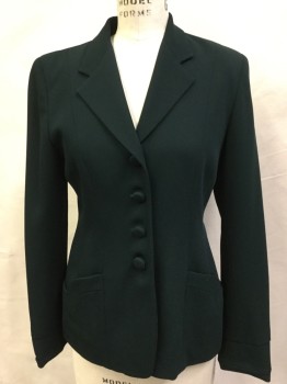 Womens, Blazer, DKNY, Dk Green, Wool, Solid, 8P, Single Breasted, Notched Lapel, 4 Covered Buttons, Long Sleeves, 2 V Shaped Pockets, Retro 90's Does 40's,