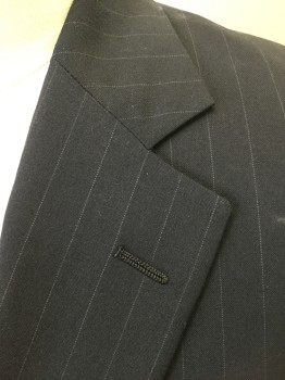 Mens, 1990s Vintage, Suit, Jacket, BROOKS BROTHERS, Navy Blue, Gray, Wool, Stripes - Pin, 40R, (Nearly Black) Single Breasted, Notched Lapel, 2 Buttons, 3 Pockets, Solid Dark Navy Lining