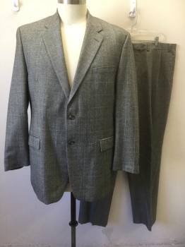 RALPH LAUREN, Gray, Black, Lt Blue, Wool, Cashmere, Glen Plaid, Grid , with Faint Light Blue Grid Stripes, Single Breasted, Notched Lapel, 2 Buttons, 3 Pockets, Solid Brown Lining,