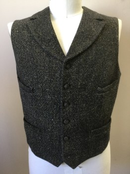 Mens, Historical Fiction Vest, MTO, Gray, Black, Mustard Yellow, Wool, Mottled, 42, Button Front, Notched Lapel, 4 Pockets, Medium Gray Solid Cotton Back with Self Belt, Burnt Shoulders