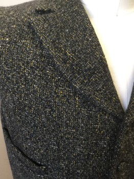 MTO, Gray, Black, Mustard Yellow, Wool, Mottled, Button Front, Notched Lapel, 4 Pockets, Medium Gray Solid Cotton Back with Self Belt, Burnt Shoulders