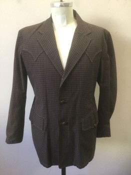 Mens, Blazer/Sport Co, PATRICK DULUTH, Brown, Black, Gray, Cotton, Check , 40R, Western Style Jacket, Single Breasted, Notched Lapel, 3 Leather Knotted Buttons, 2 Pockets with Button Closures, Western Style Yoke, Tan Top Stitching, Light Peach Silk Lining