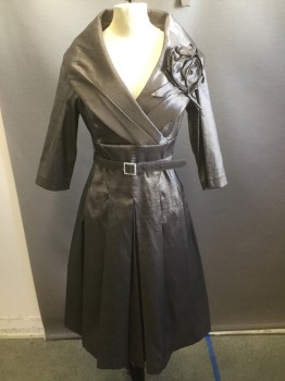 ELIZA J, Pewter Gray, Polyester, Nylon, Solid, Iridescent Pewter, Shawl Collar Cross Over Pleated, Large Rose, 3/4 Sleeves, Fitted Waist with Hidden Pleated Skirt, Matching Belt with Rhinestone Buckle