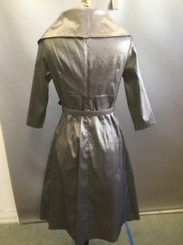 ELIZA J, Pewter Gray, Polyester, Nylon, Solid, Iridescent Pewter, Shawl Collar Cross Over Pleated, Large Rose, 3/4 Sleeves, Fitted Waist with Hidden Pleated Skirt, Matching Belt with Rhinestone Buckle