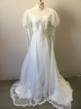 Womens, Wedding Dress, N/L, White, Synthetic, Solid, W:26, B:35, Chiffon Over Acetate, Long Sleeves, Entire Bodice is Lace with Pearls and Clear Sequins, Sheer Tulle Net at Bustline Forming Sweetheart Shape, Puffy Upper Sleeves with Form Fitting Lace Long Sleeves with Pearl and Sequin Detail, Stand Collar, Hidden Zipper in Back with Decorative Fabric Covered Buttons Hiding It, Flared Floor Length Chiffon Skirt, 1980's/Early 1990's