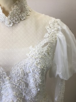 Womens, Wedding Dress, N/L, White, Synthetic, Solid, W:26, B:35, Chiffon Over Acetate, Long Sleeves, Entire Bodice is Lace with Pearls and Clear Sequins, Sheer Tulle Net at Bustline Forming Sweetheart Shape, Puffy Upper Sleeves with Form Fitting Lace Long Sleeves with Pearl and Sequin Detail, Stand Collar, Hidden Zipper in Back with Decorative Fabric Covered Buttons Hiding It, Flared Floor Length Chiffon Skirt, 1980's/Early 1990's