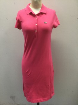 Womens, Dress, Short Sleeve, LACOSTE, Pink, Cotton, Elastane, Solid, B:34, Pique Jersey Polo Dress, Rib Knit Collar Attached, 4 Button Front, Short Sleeves, Hem Above Knee,  Green Lacoste Alligator Patch at Chest