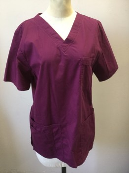 LANDAU, Red Burgundy, Poly/Cotton, Solid, V-neck, Short Sleeves, 3 Pockets