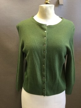 PURE COLLECTION, Green, Cashmere, Solid, Button Front, Ribbed Knit Neck/Waistband/Cuff
