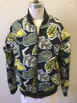 STELLA MCCARTNEY, Black, Beige, Yellow, Olive Green, White, Poly/Cotton, Spandex, Leaves/Vines , Tropical , Boys, **Reversible Jacket**, One Side is Black with Olive/Beige/Yellow/White Leaves Pattern, Opposite Side is Black with Beige Stripe at Shoulder Seam, Leaf Embroidery in Front, and Palm Tree and Sun Embroidery in Back, Western Style Pockets, Zip Front, Black Rib Knit Neck, Cuffs and Waistband, High End Designer Item, **Barcode Located in Pocket