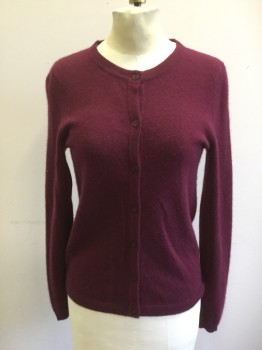 BLOOMINGDALE'S, Wine Red, Cashmere, Solid, Button Front, Long Sleeves, Ribbed Knit Placket/Cuff/Waistband