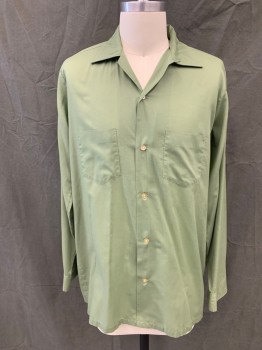 TOWNCRAFT, Green, Cotton, Solid, Button Front, Collar Attached, Long Sleeves, Button Cuff, 2 Pockets, *Red Smudge Center Back, Small Holes in Various Places*