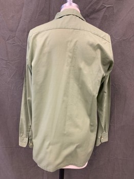 Mens, Shirt, TOWNCRAFT, Green, Cotton, Solid, M, Button Front, Collar Attached, Long Sleeves, Button Cuff, 2 Pockets, *Red Smudge Center Back, Small Holes in Various Places*