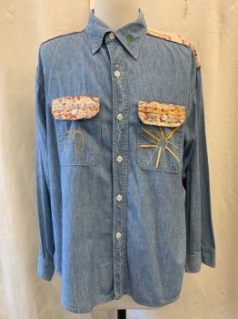 JC PENNEY, Denim Blue, Cotton, Collar Attached, Button Front, Long Sleeves, Chambray, Beige & Orange Pattern on Shoulders & Pocket Flaps, , Sun & Feet Embroidery on Pockets, Sun & Cloud Embroidery on Back