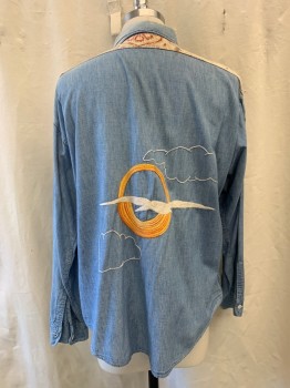 JC PENNEY, Denim Blue, Cotton, Collar Attached, Button Front, Long Sleeves, Chambray, Beige & Orange Pattern on Shoulders & Pocket Flaps, , Sun & Feet Embroidery on Pockets, Sun & Cloud Embroidery on Back