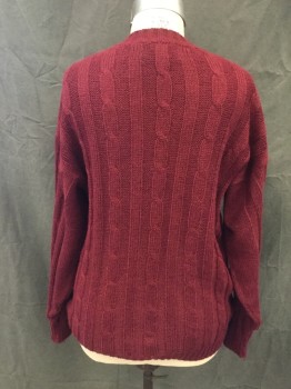 Womens, Pullover, EXPLORA, Wine Red, Wool, Solid, Cable Knit, XL, Wide Ribbed Knit Collar Attached, Long Sleeves, Ribbed Knit Waistband/Cuff
