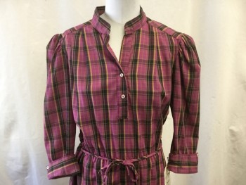 BYER TOO!, Magenta Purple, Black, Yellow, Lime Green, Polyester, Cotton, Plaid, 2 Button Placket, Spread Band Collar, Elastic Waist, Puffed Gathered Long sleeves with Cuffs, Shoulder Double Knife Pleats, Hem Below Knee, Fit and Flare, Self-tie Belt